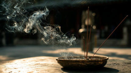 A bowl of incense sticks is burning and the smoke is rising