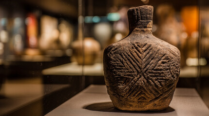 A brown vase with a design on it