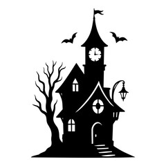 Scary Haunted House with Bats Vector – Halloween Silhouette Art