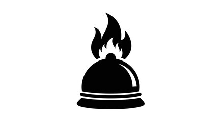 Flaming hot food cloche icon, a simple black silhouette for restaurant and catering service.