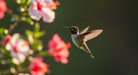 Obraz premium A hummingbird in flight, amidst a vibrant display of hibiscus flowers, bathed in warm sunlight.