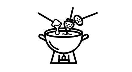 Elegant line art illustration of chocolate fondue with marshmallow and fruits vector icon