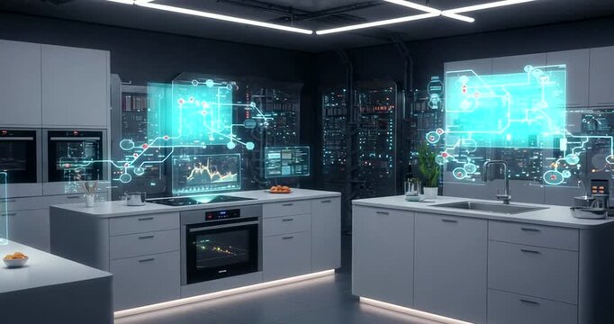 Modern kitchen with smart technology and digital displays