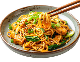  Close-Up of Yakisoba on Plate with Chopsticks, Side View, Isolated PNG