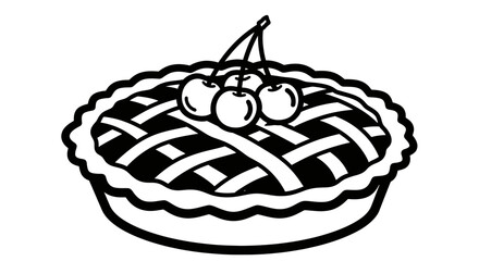 Graphic black and white illustration of a cherry pie with a lattice crust and cherries