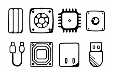 Futuristic Hardware & Electronics Icons Black Line Art Vector
