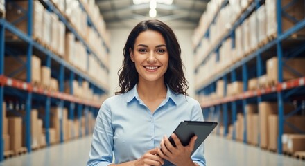 Warehouse Inventory Manager Smiling, Holding Tablet in Distribution Center for Efficient Workflow