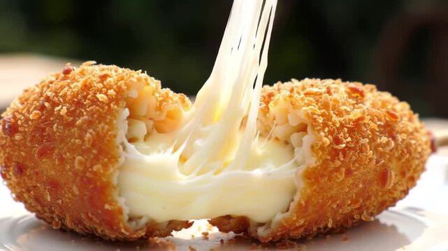 Satisfying Slow Motion Cheese Pull from Korean Corn Dog Cut in Half