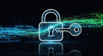 Futuristic digital lock and key with binary code stream representing data protection and cybersecurity.
