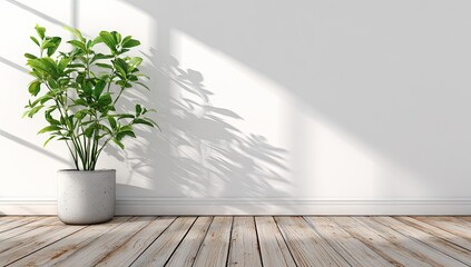 Sunlight streams into a minimalist room, highlighting a potted plant