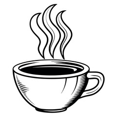 Vector art of detailed line art drawing of a steaming cup of coffee with a saucer