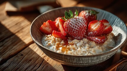 Breakfast bowl with oats and fruit in sunlight on wood, ideal for diet concepts, morning routines, or wellness promotions.