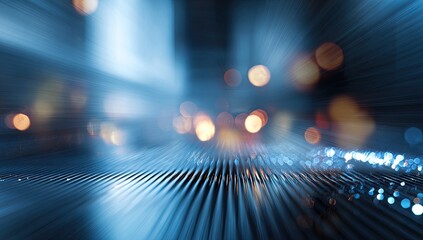 Abstract futuristic cityscape backdrop with a smooth, metallic surface.  Blurred city lights create a dynamic effect, with streaks of blue and orange light radiating from a central point
