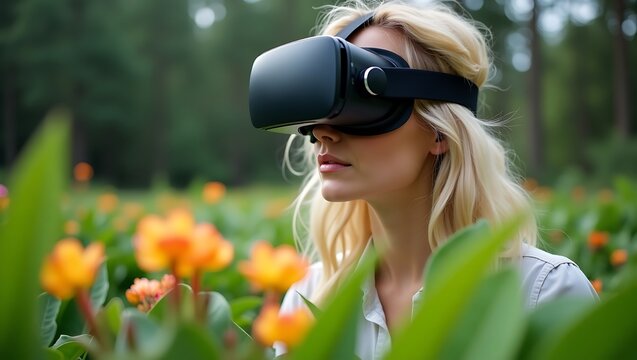Blonde Woman Immersed in Virtual Reality Amidst Vibrant Blooming Flowers and Lush Greenery Exploring Immersive Digital Worlds