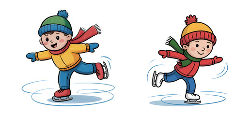 kids ice skating : Hand-drawn color pencil illustration isolated on white background