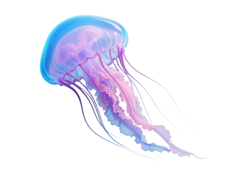 A vibrant illustration of a jellyfish, displaying translucent details and flowing tentacles, isolated on white.