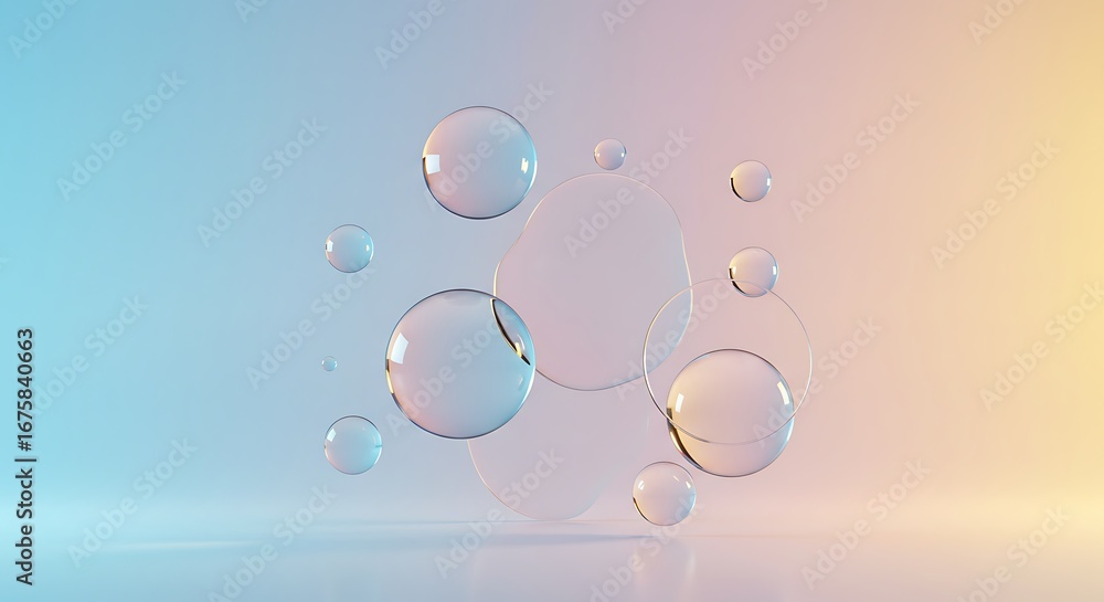 Aufkleber abstract composition of transparent spheres and rings floating against a gradient background.