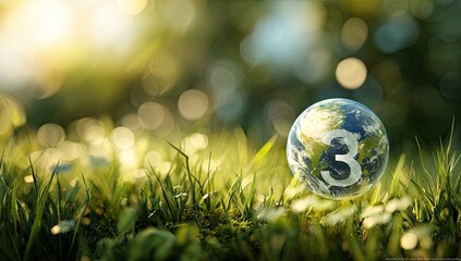 A translucent globe of Earth, the number 3 prominent, sits in a grassy field bathed in sunlight