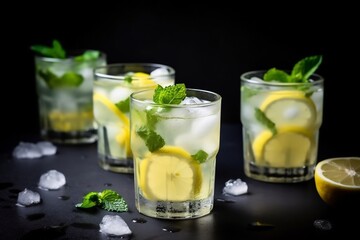Fototapeta premium Refreshing Nimbu Pani Indian lemonade mint leaves ice cubes and rock salt served in glass tumblers with condensation summer refreshment style