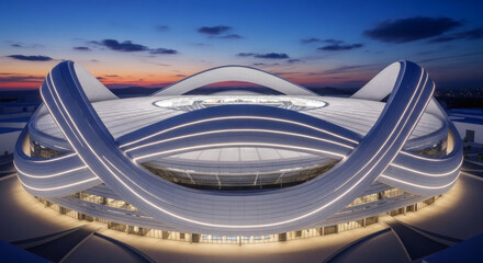 Modern stadium with unique curved architecture under twilight sky