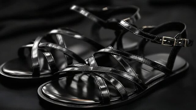 Black strappy sandals flat arranged in stylish row for product photography &ndash; Video 4K UHD 60fps
