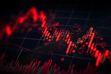 Fototapeta premium The red crashing market volatility of crypto trading with technical graph and indicator, red candlesticks going down without resistance, market fear and downtrend. Cryptocurrency background concept.