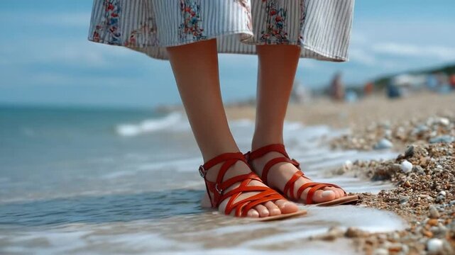 Red strappy sandals flat worn casually on seaside walkway in lifestyle capture &ndash; Video 4K UHD 60fps