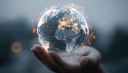 Hand holding a digital globe, network of connections