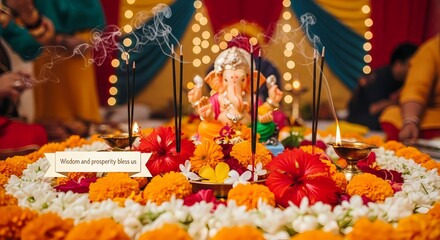 Naklejka premium Hindu wedding ceremony altar decorated with flowers, candles, and incense.