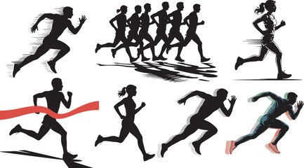 Dynamic Runners Silhouettes Set Marathon Sprint Jogging Competition Sport Activity Vector Art