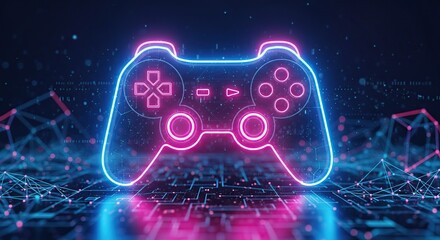 Neon-style game controller with digital effects, glowing in pink and blue tones, gaming concept.