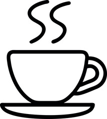 Vector art of a black and white outline of a steaming cup of coffee on a saucer