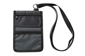 Black fabric neck pouch for travel documents and money isolated with transparent background