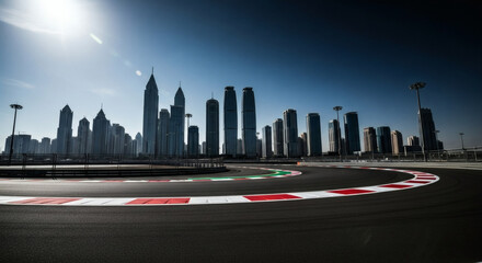 Urban race track with modern city skyline in the background
