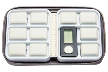 Electronic weekly pill organizer with digital timer and alarm isolated with transparent background