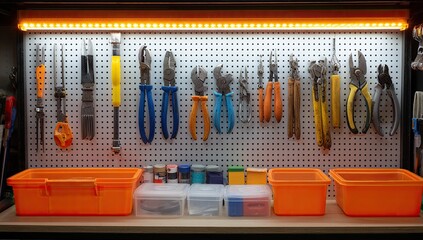 Organized toolbox with various tools hung on pegboard, and containers below