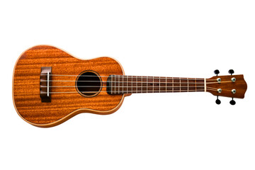 Classic wooden four-string ukulele musical instrument isolated with transparent background