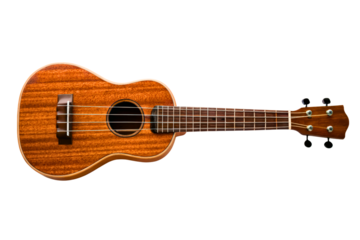 Classic wooden four-string ukulele musical instrument isolated with transparent background