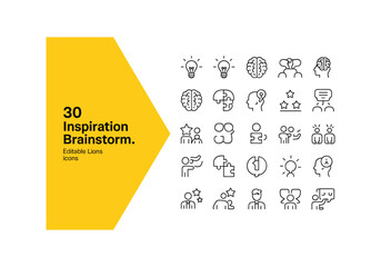 Collection of 30 hand-drawn doodle icons representing creative brainstorming and idea generation concepts for business and design projects white background