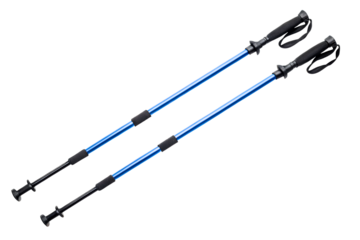 Pair of blue and black telescopic trekking poles for hiking isolated with transparent background