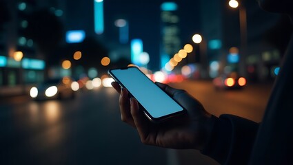 Person Holding Smartphone with Blank Screen in City at Night Using Mobile App for Navigation or Urban Exploration and Communication