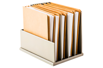 Metal desktop file sorter with multiple manila document folders isolated with transparent background
