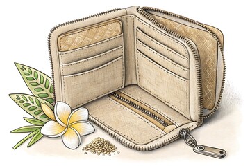 Open wallet with credit card slots and coin pocket next to a tropical flower