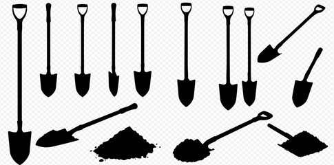 Collection of shovel silhouettes, various angles and sizes, with piles of soil. © Adji