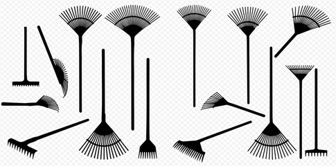 Collection of various black garden rakes and brooms, displayed against a white background.