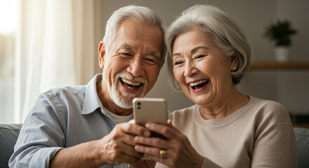 Digital Delight: A happy senior couple, illuminated by window light, shares a heartwarming moment as they laugh while looking at their smartphone, embracing the joy of modern connection.