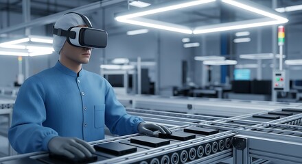 Factory worker uses VR headset on a modern assembly line with technology virtual reality