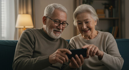 Golden Years Harmony: An elderly couple shares a moment of connection, engrossed in the screen of a smartphone. The setting shows love and companionship, in a candid embrace of modern tech. 