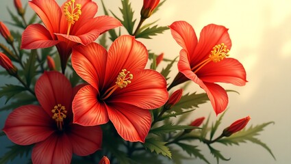 Radiant Red Hibiscus Blossom Displayed in Lush Artistic Arrangement with Budding Flowers and Bright Floral Beauty