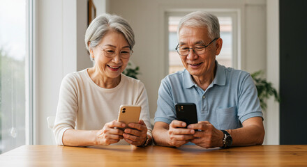Elderly couple using smartphone: A heartwarming moment of togetherness, captured as a senior couple engrossed in their smartphones, their faces reflecting joy and connection.